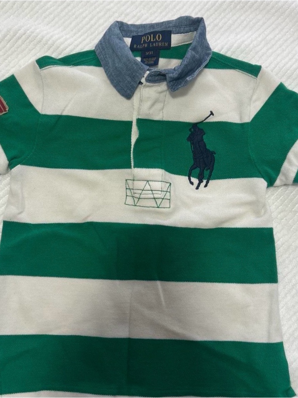 Polo by Ralph Lauren Green & White Striped Polo with Chambray Collar